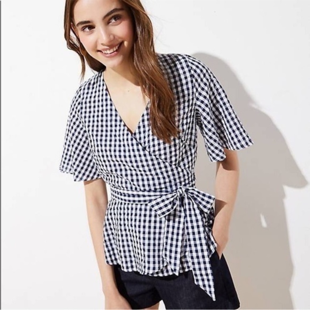 Loft Top Wrap Gingham Peplum Plaid Short Sleeve Navy Blue White Preppy NWT S